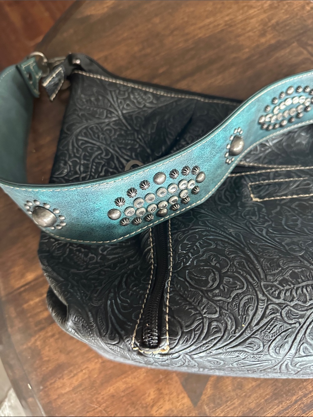 Nocona Black Embossed Shoulder Bag with Turquoise Studded Strap